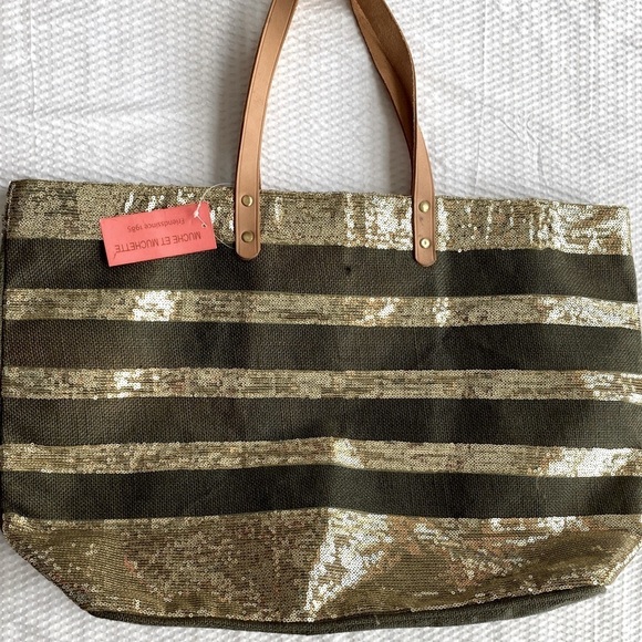 Muche Et Muchette Stylish Gold and Tan Burlap Tote Bag Waxed Bottom - Picture 1 of 12